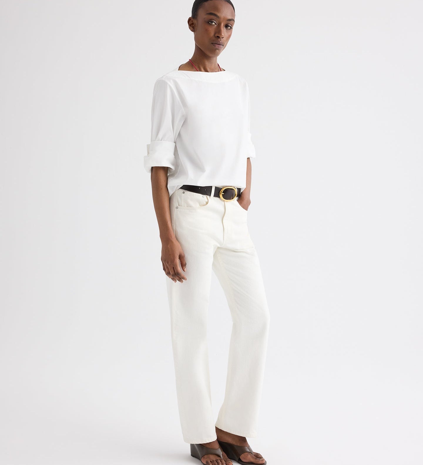 TWP - Boat Neck Top with Double Rolled Sleeve in Cotton Poplin