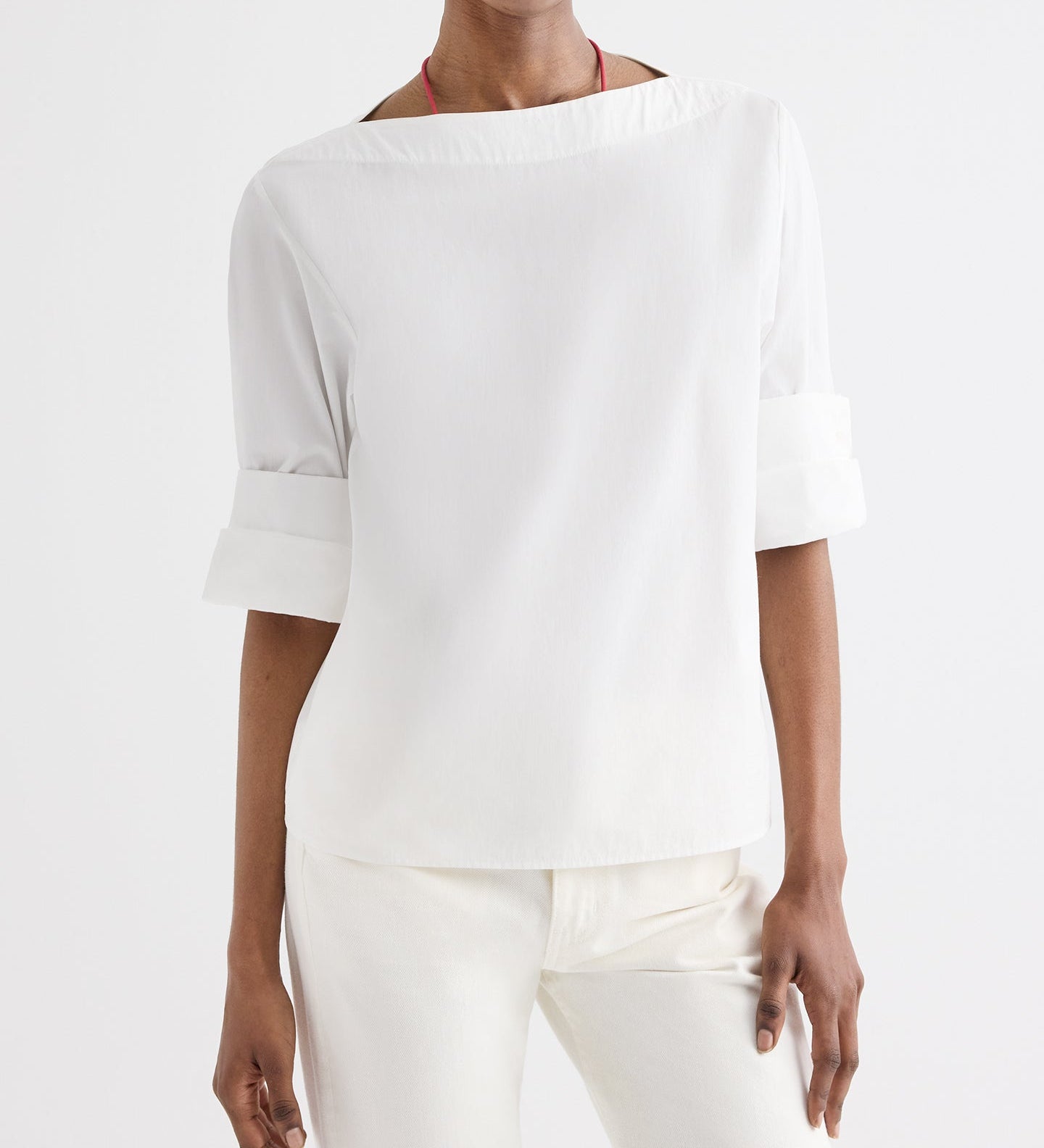 TWP - Boat Neck Top with Double Rolled Sleeve in Cotton Poplin