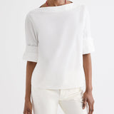 TWP - Boat Neck Top with Double Rolled Sleeve in Cotton Poplin