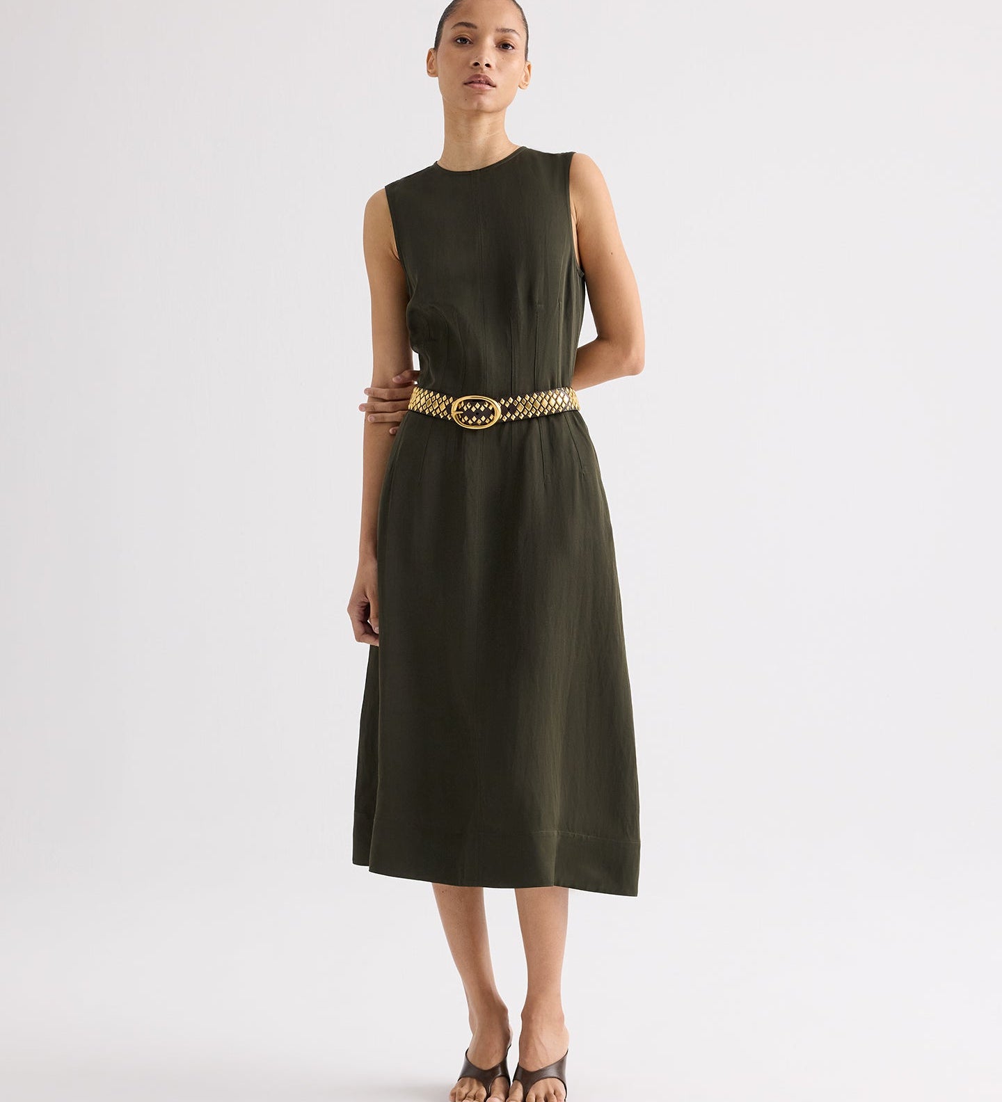 TWP - Crew Neck Dress with Darts in Coated Viscose Linen