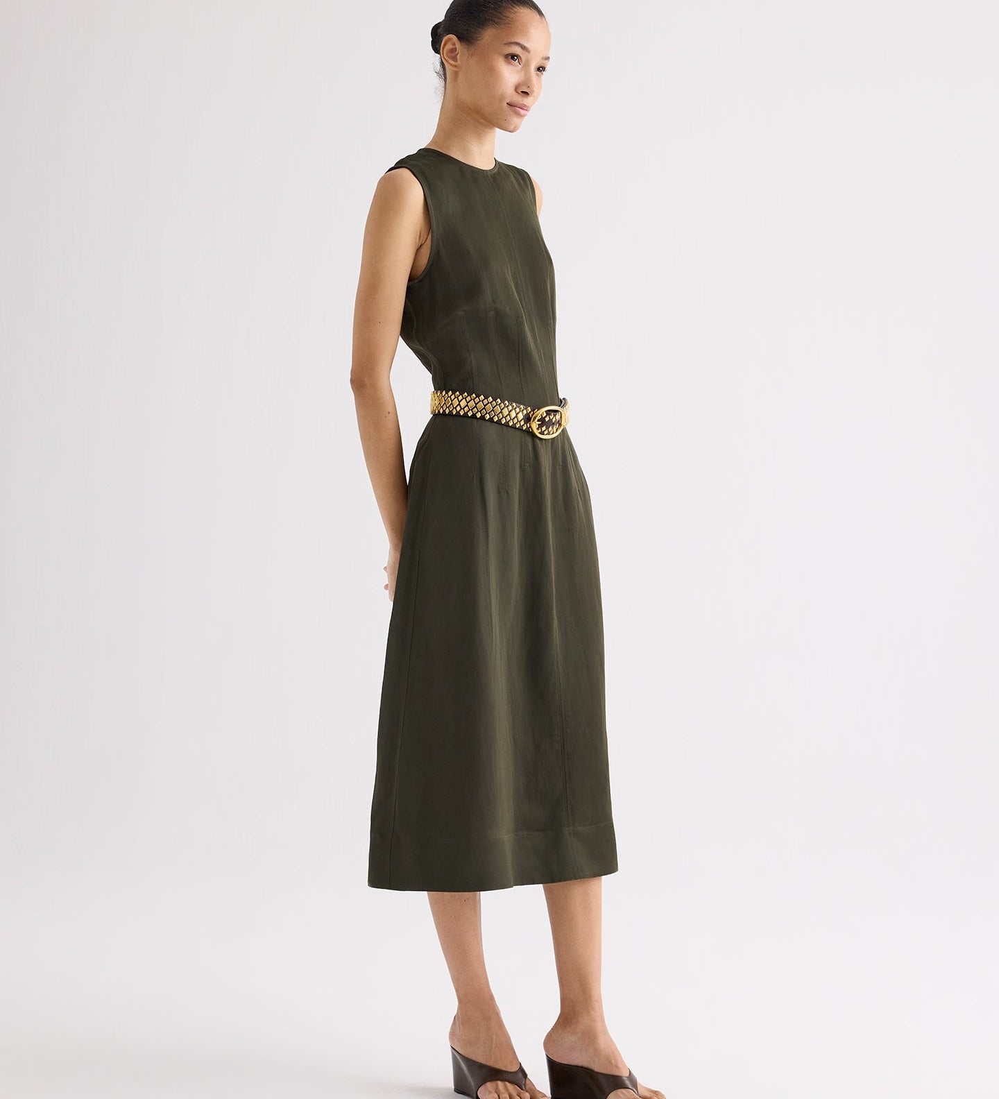 TWP - Crew Neck Dress with Darts in Coated Viscose Linen