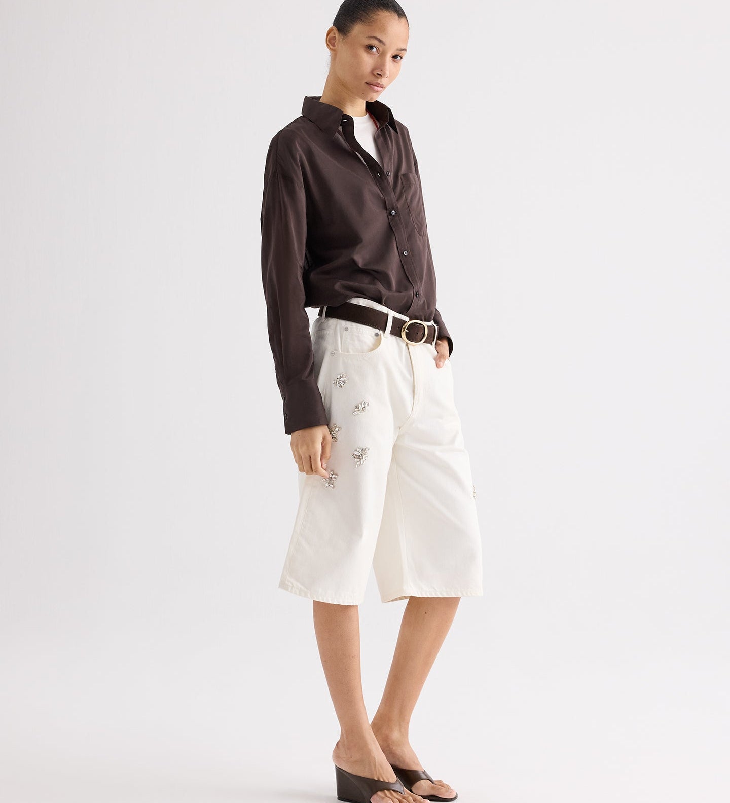 TWP - Boxy Relaxed Shorts With Crystal Clusters in Denim