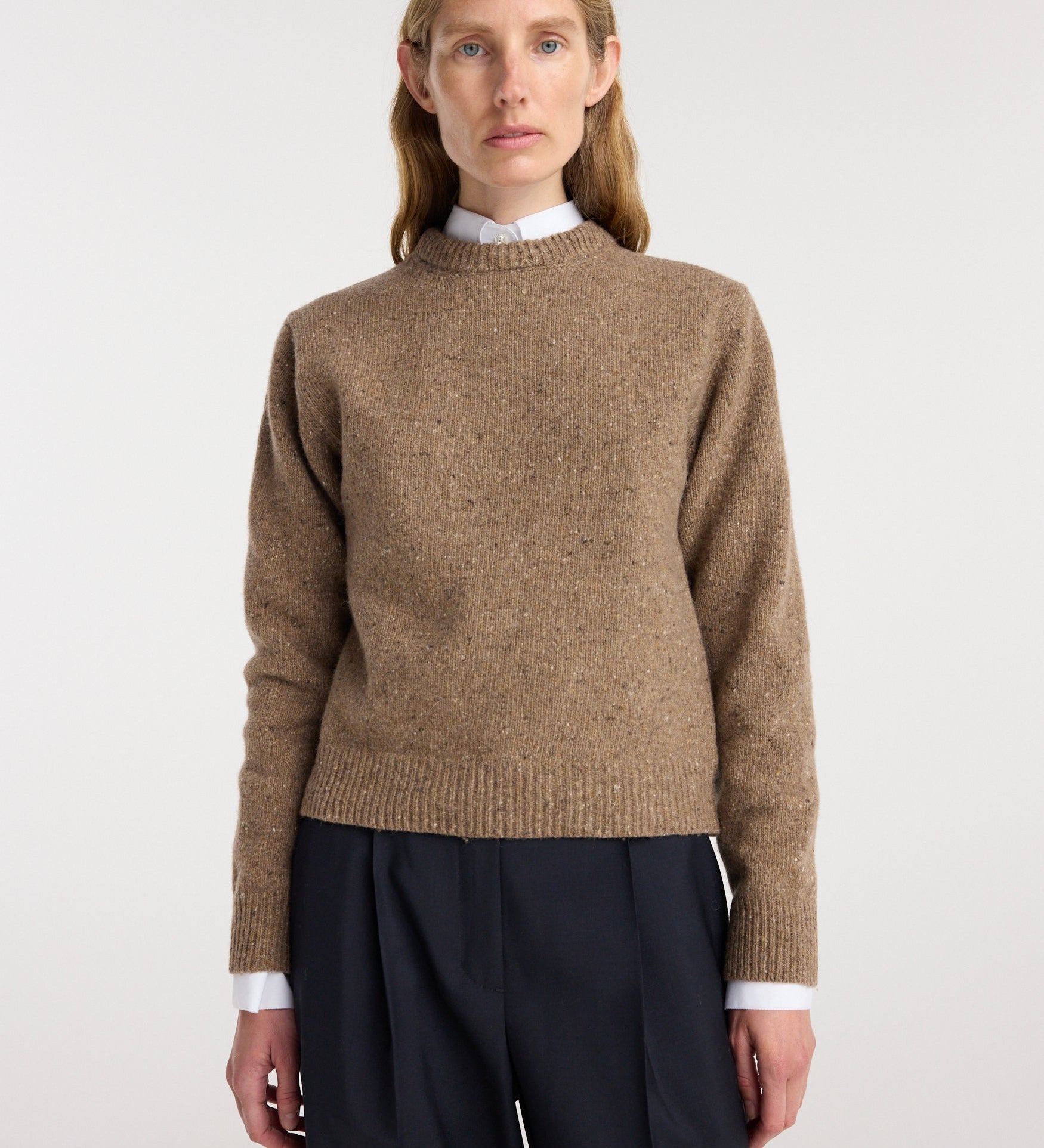 ROHE - Fitted mouliné crewneck | mouliné taupe melange