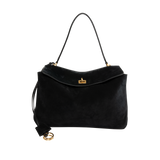Image 1 of 4 - BLACK - Balenciaga Rodeo Handbag Medium is crafted from suede calfskin and smooth calfskin leather and features a structured yet relaxed silhouette with a top handle and removable shoulder strap. Designed with a turn-lock closure, aged-gold hardware, a removable cloche cls, a wide front pocket, and multiple interior compartments, the bag offers versatile carry options and everyday functionality. Main Material: Calfskin Leather. Lining: Nappa Lambskin. Made in Italy.