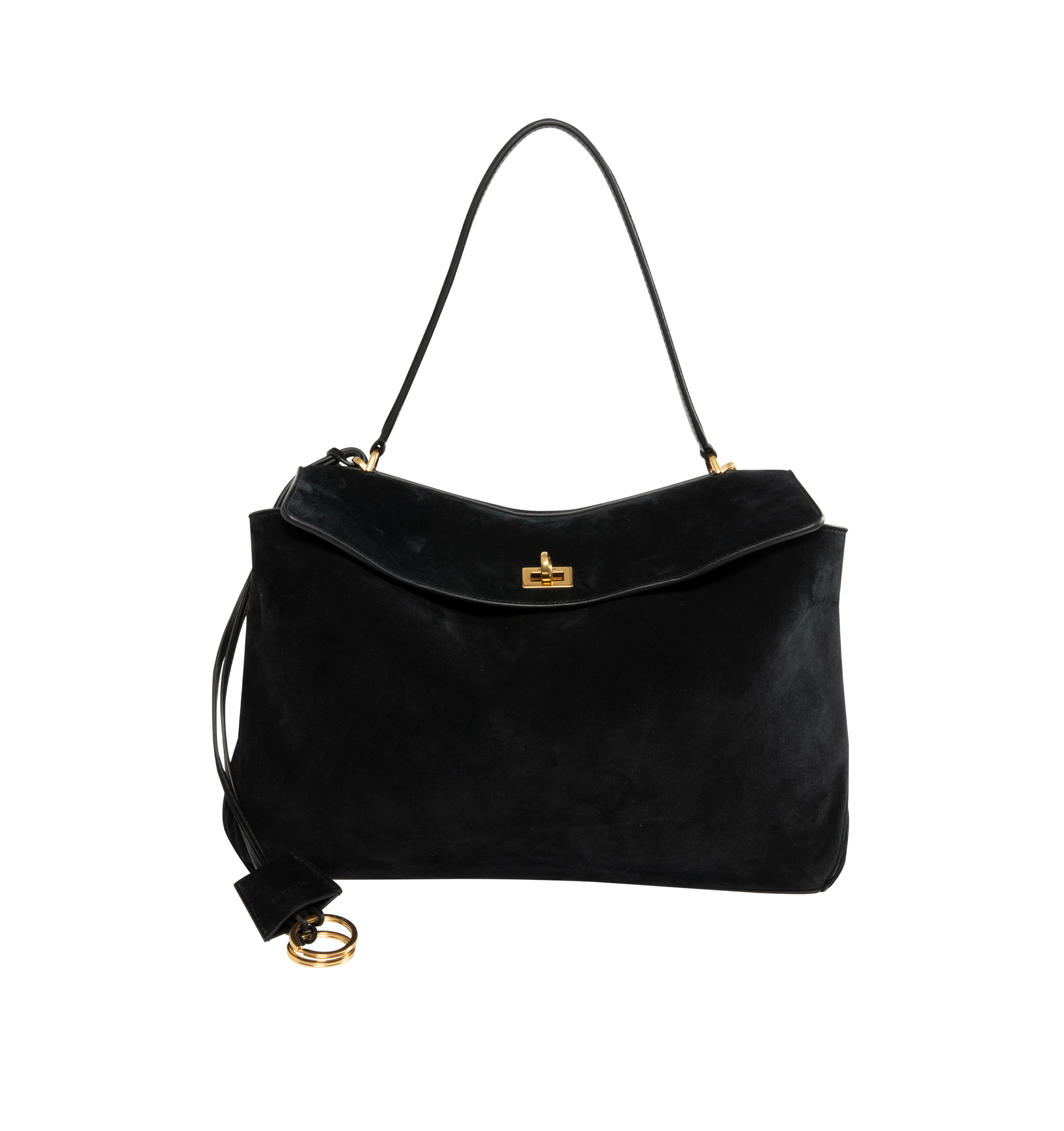 Image 1 of 4 - BLACK - Balenciaga Rodeo Handbag Medium is crafted from suede calfskin and smooth calfskin leather and features a structured yet relaxed silhouette with a top handle and removable shoulder strap. Designed with a turn-lock closure, aged-gold hardware, a removable cloche cls, a wide front pocket, and multiple interior compartments, the bag offers versatile carry options and everyday functionality. Main Material: Calfskin Leather. Lining: Nappa Lambskin. Made in Italy.