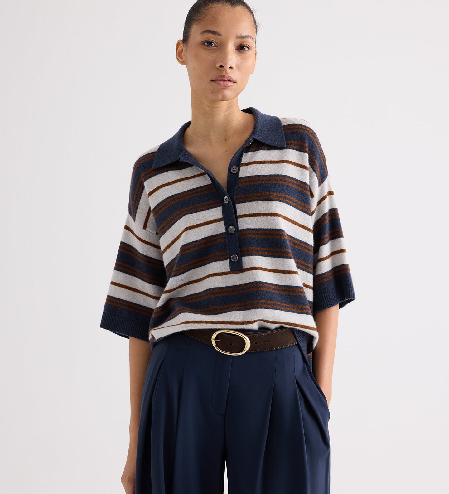 TWP - SS Polo Sweater with Stripes in Italian Cashmere