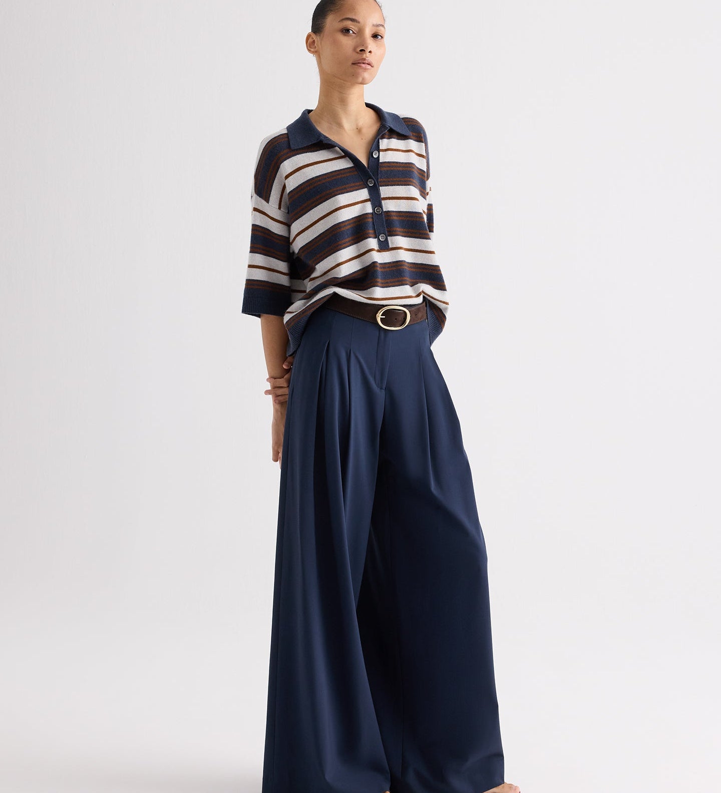 TWP - SS Polo Sweater with Stripes in Italian Cashmere