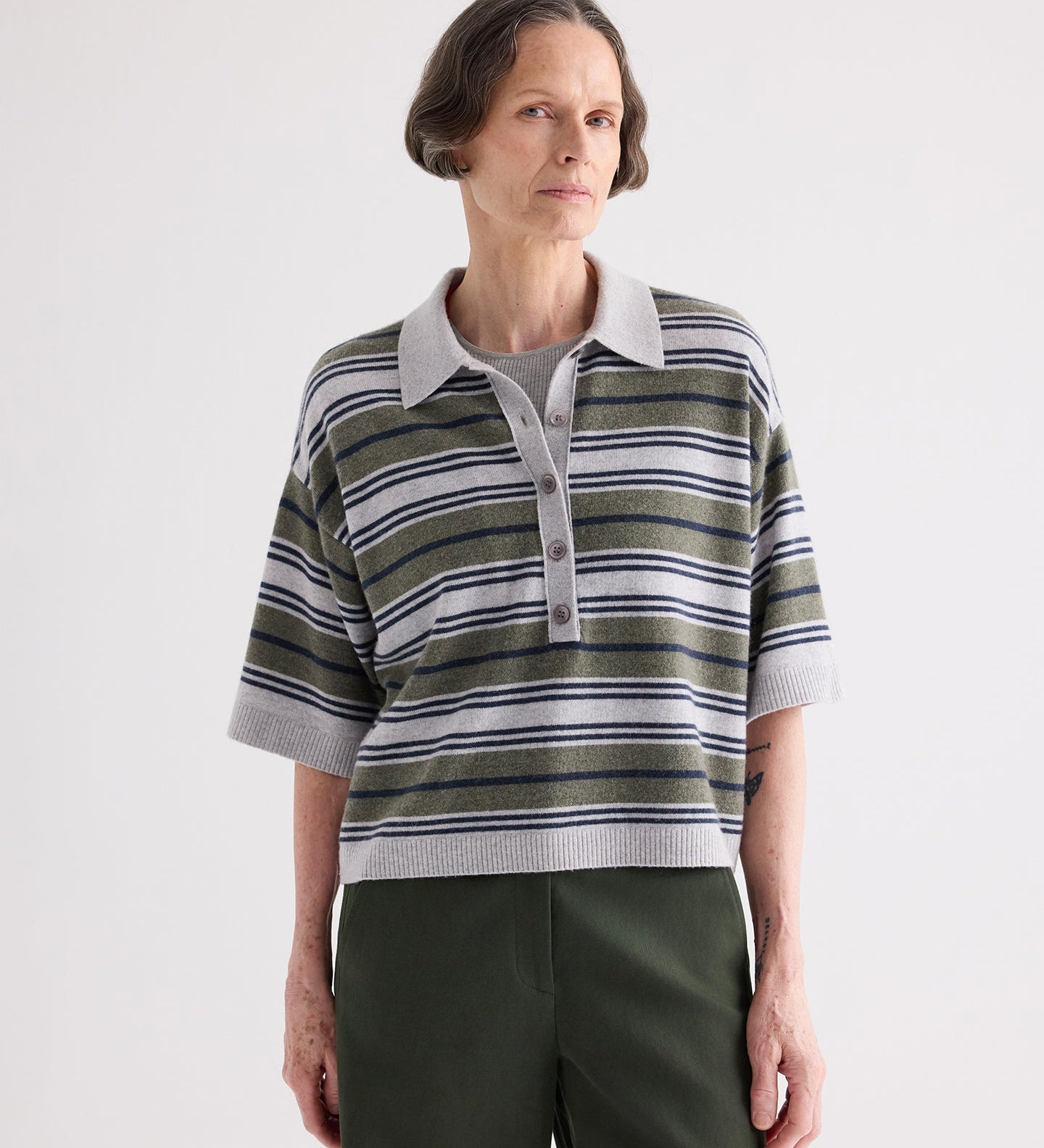 TWP - SS Polo Sweater with Stripes in Italian Cashmere