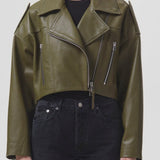 Shoreditch Ski Club x AGOLDE Remi Leather Biker Jacket in Grass