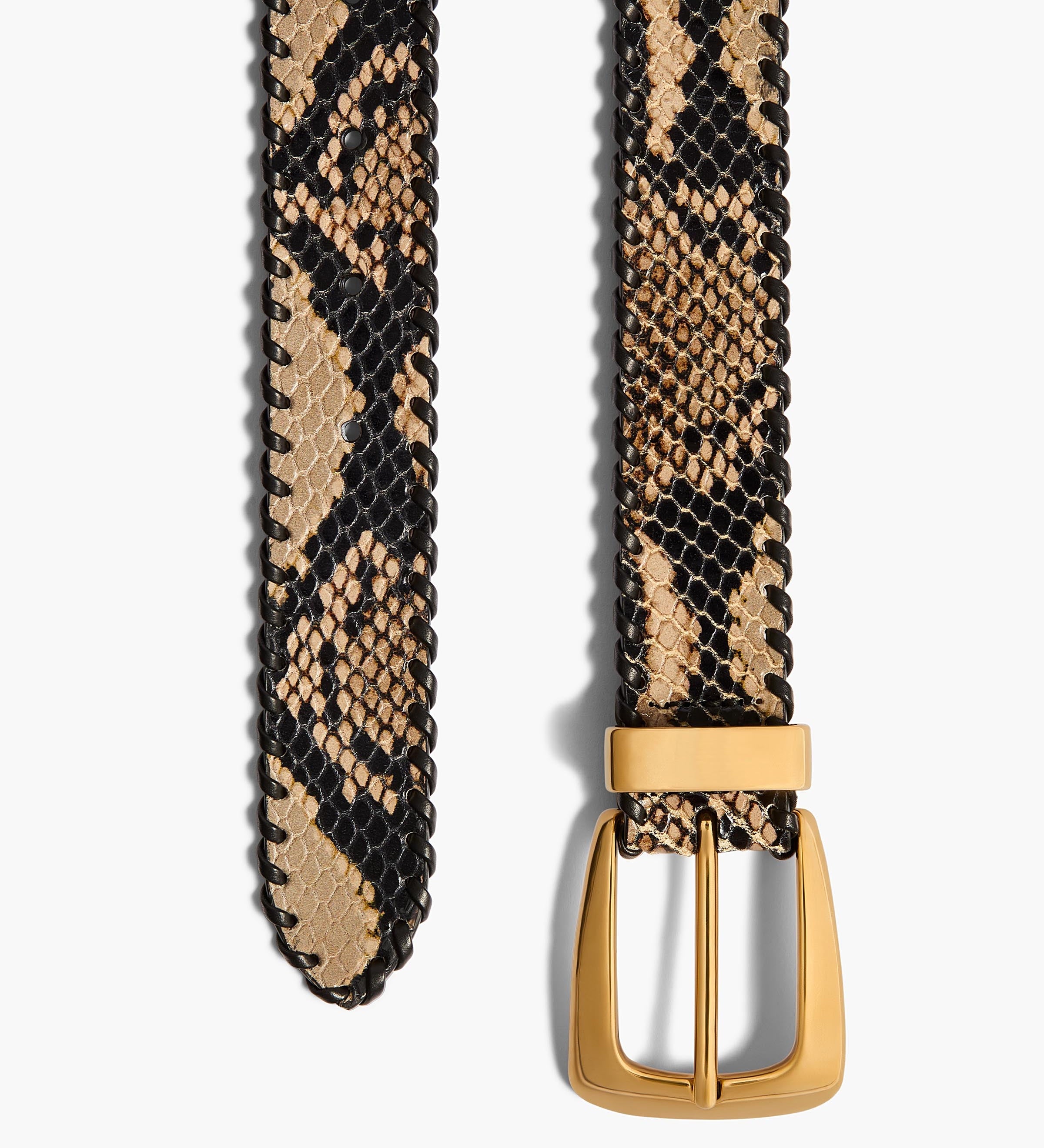 Khaite - Benny Belt with Whipstitch in Python - Embossed Taupe and Gold