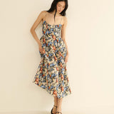 Woman wearing a floral dress on a beige background