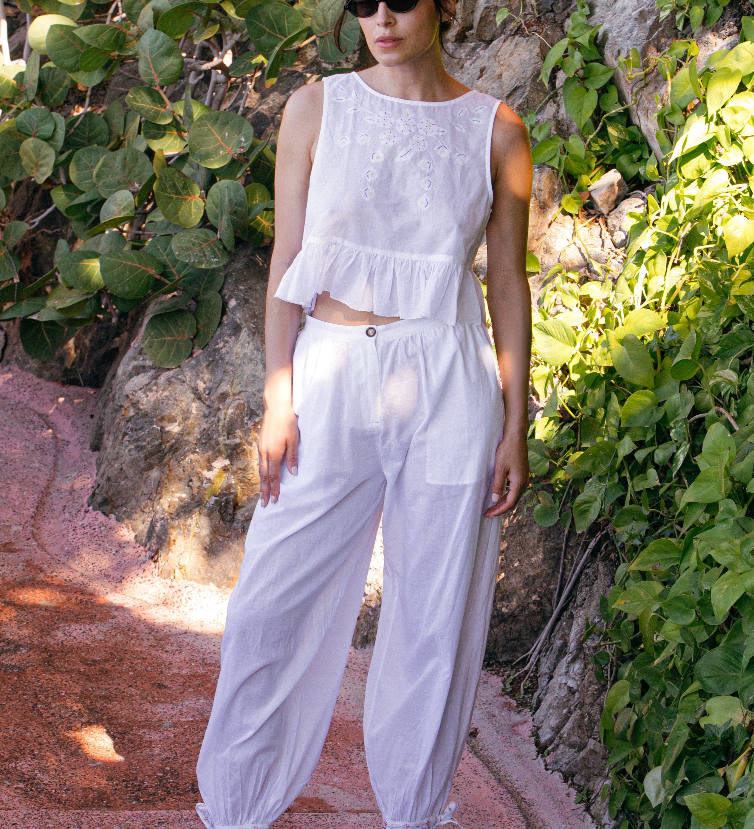 Ciao Lucia - Vera White Floral Embroidered Cotton Voile Pant