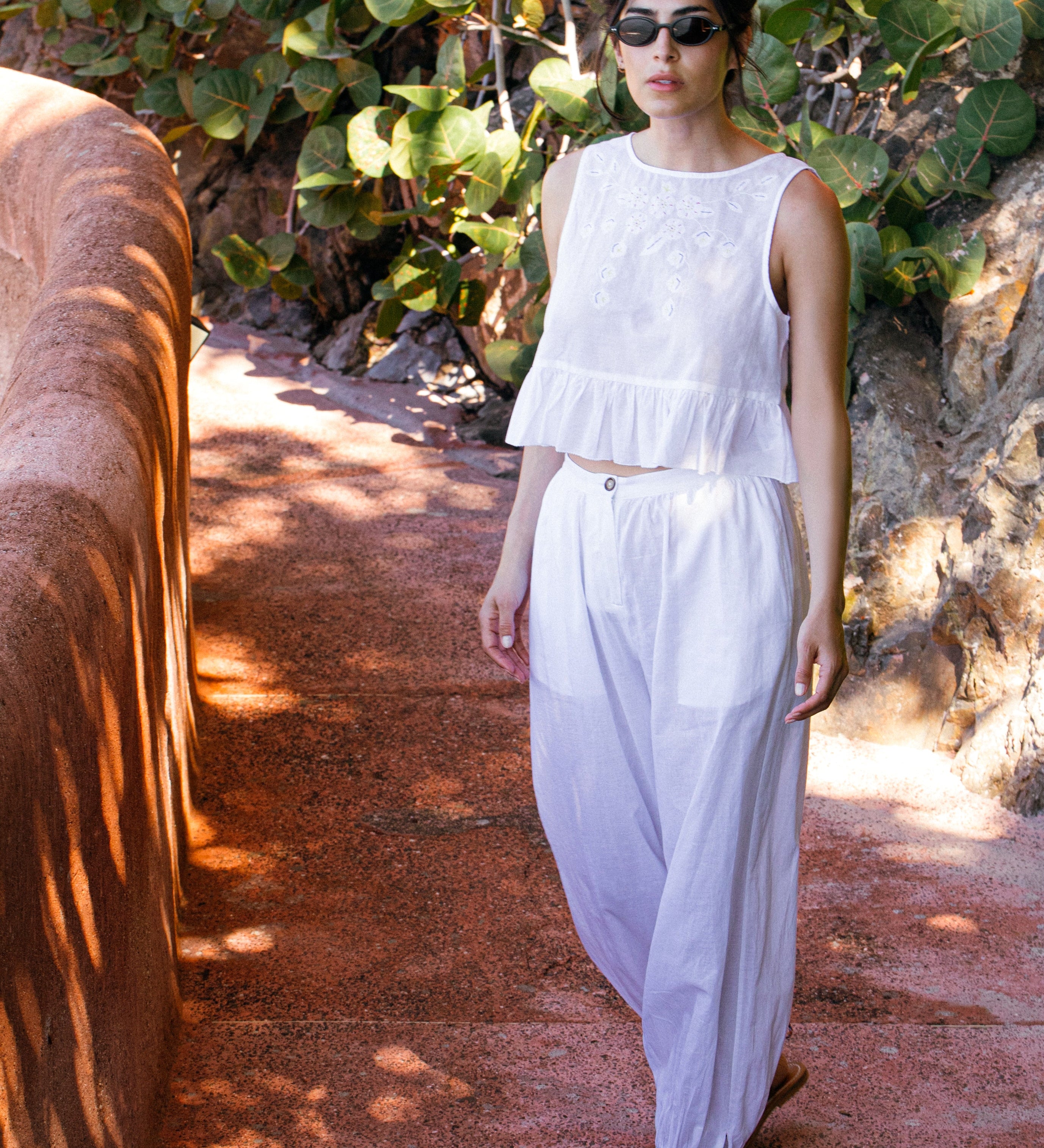 Ciao Lucia - Vera White Floral Embroidered Cotton Voile Pant