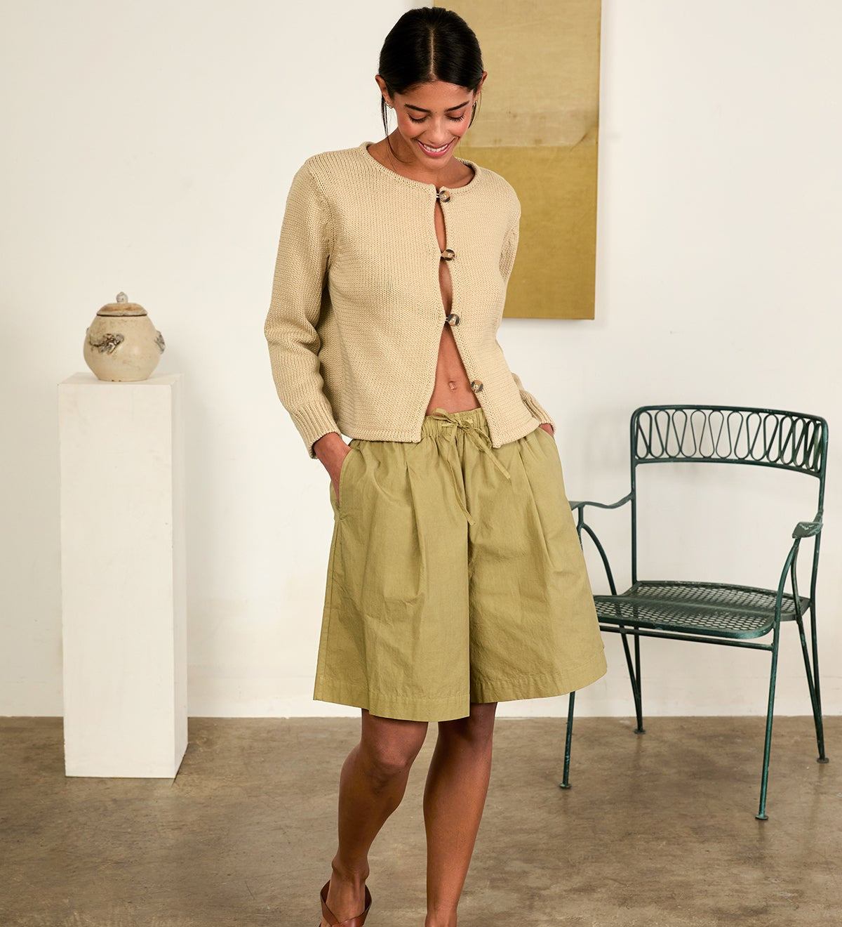 Ciao Lucia - Deo Khaki Cotton Knit Cardigan