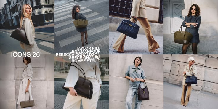 A collage of eight fashion photos featuring women outdoors carrying handbags and tote bags. The image includes text reading 'TAYLOR HILL LENA MAHFOUF REBECCA DONALDSON GRECE GHANEM ROMEE STRIJD' and 'ICONS 26'.