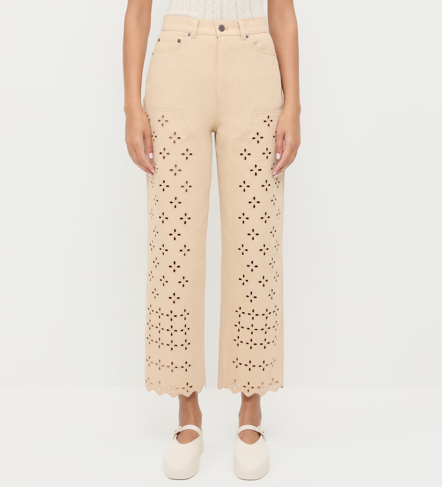 Demi Embroidered Pant in tan Japanese cotton twill with eyelet lace, Kerri Pointelle Tee in white cotton, and Cooper Natural Mary Jane Sneaker.