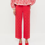 Demi Embroidered Pant in red denim, Rosa Top in red floral quilted cotton, and Noelle Red Ballet Flat.
