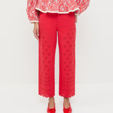 Demi Embroidered Pant in red denim, Rosa Top in red floral quilted cotton, and Noelle Red Ballet Flat.