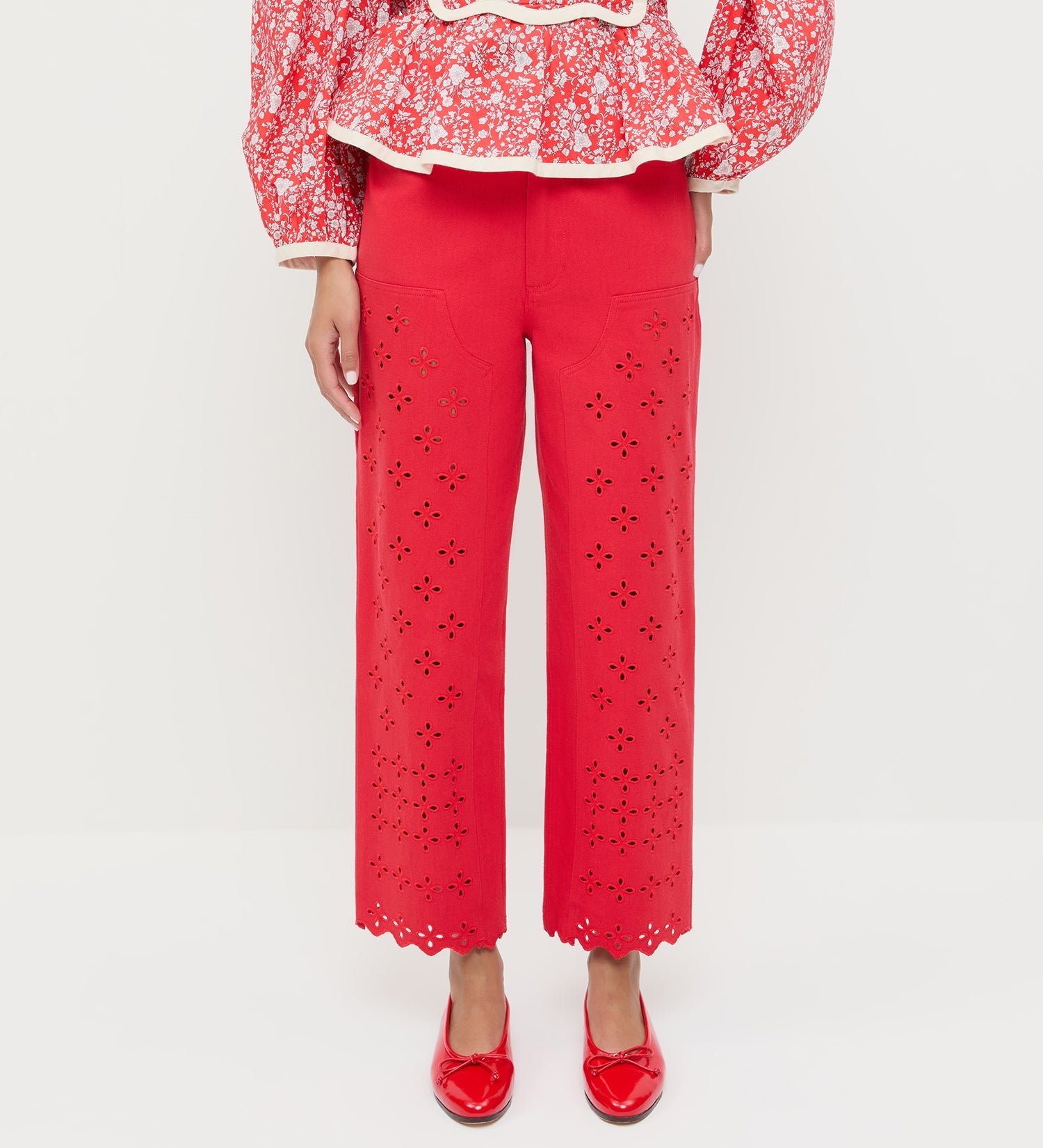 Demi Embroidered Pant in red denim, Rosa Top in red floral quilted cotton, and Noelle Red Ballet Flat.