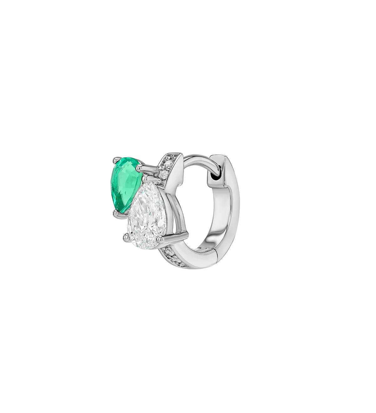 Dorsey - 14K DOUBLE PEAR - CUT HUGGIE EARRING IN LAB DIAMOND AND PETITE LAB EMERALD, 14K WHITE GOLD