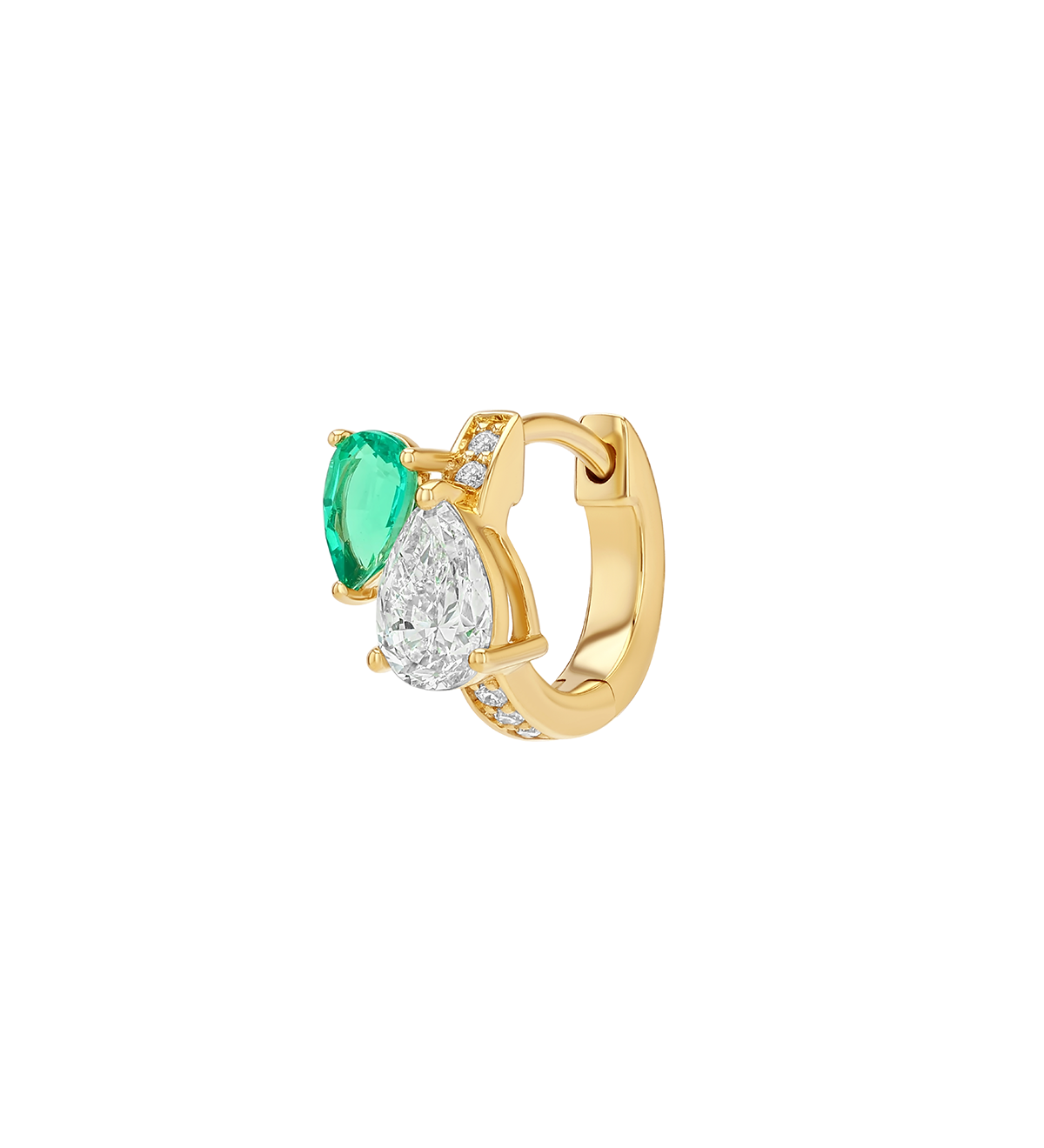 Dorsey - 14K DOUBLE PEAR - CUT HUGGIE EARRING IN LAB DIAMOND AND PETITE LAB EMERALD, 14K YELLOW GOLD