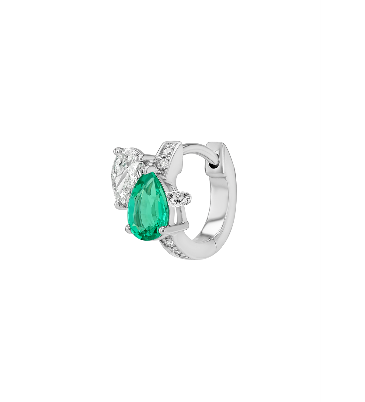 Dorsey - 14K DOUBLE PEAR - CUT HUGGIE EARRING IN LAB EMERALD AND PETITE LAB DIAMOND, 14K WHITE GOLD