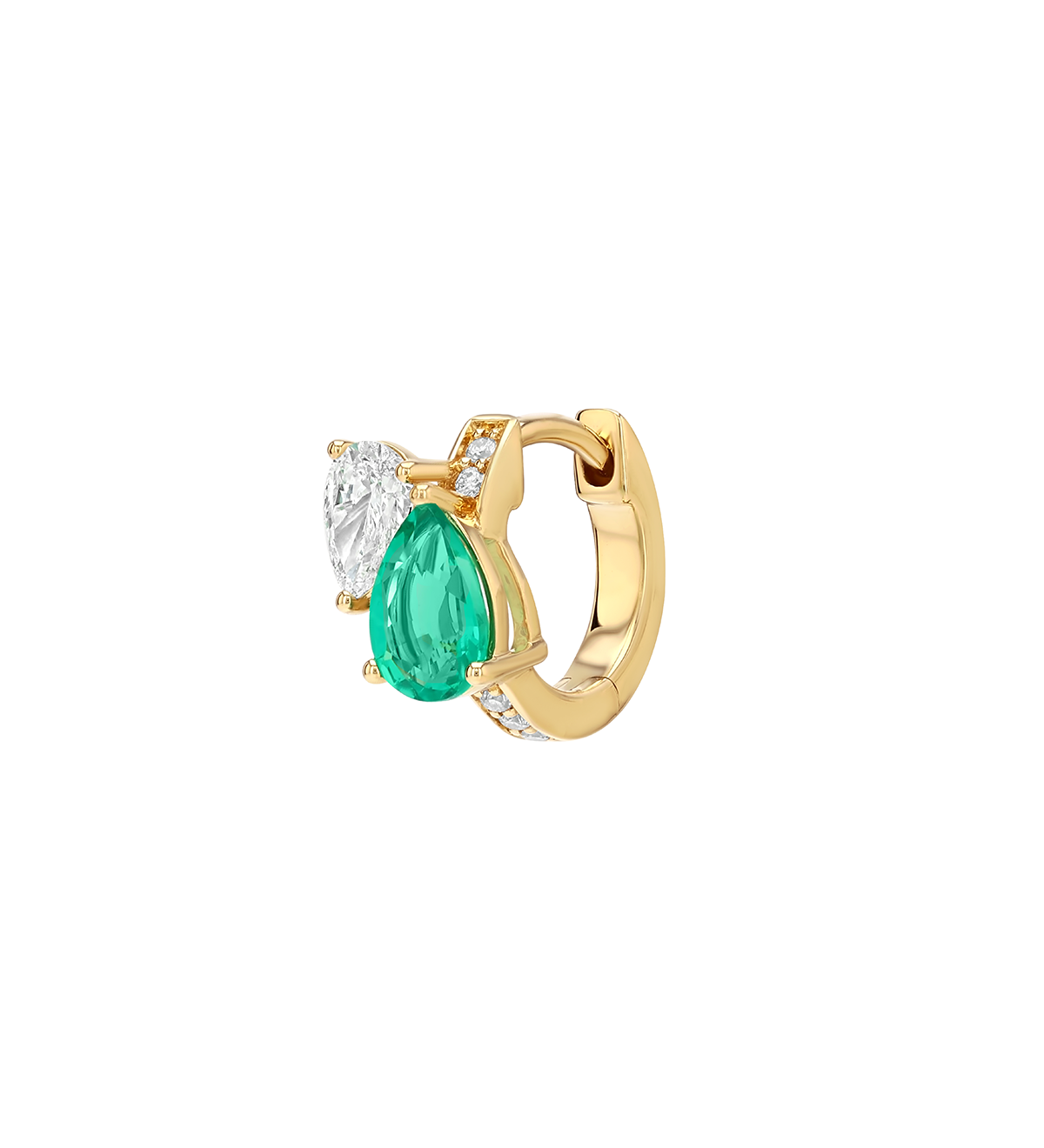 Dorsey - 14K DOUBLE PEAR - CUT HUGGIE EARRING IN LAB EMERALD AND PETITE LAB DIAMOND, 14K YELLOW GOLD