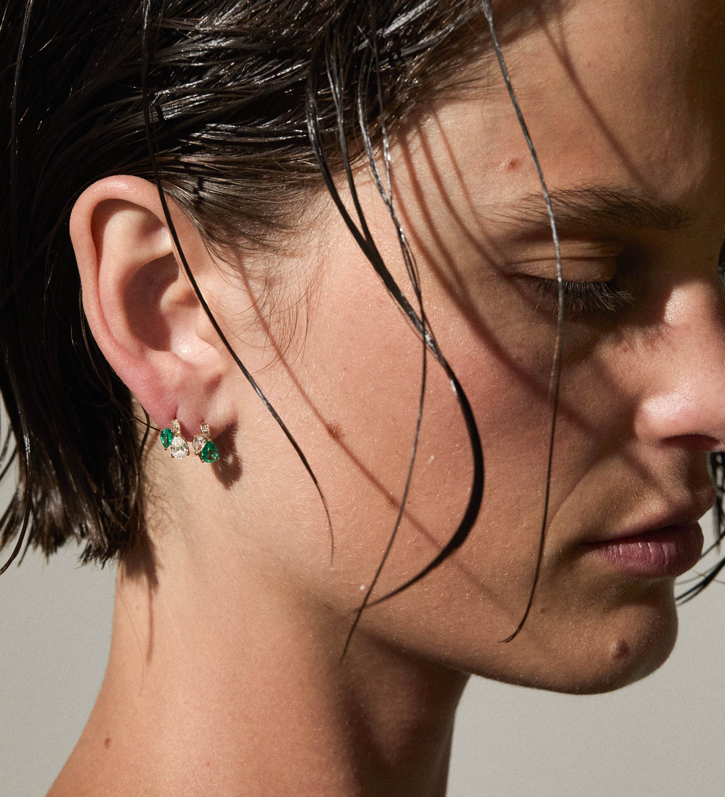 Dorsey - 14K DOUBLE PEAR - CUT HUGGIE EARRING IN LAB DIAMOND AND PETITE LAB EMERALD, 14K WHITE GOLD