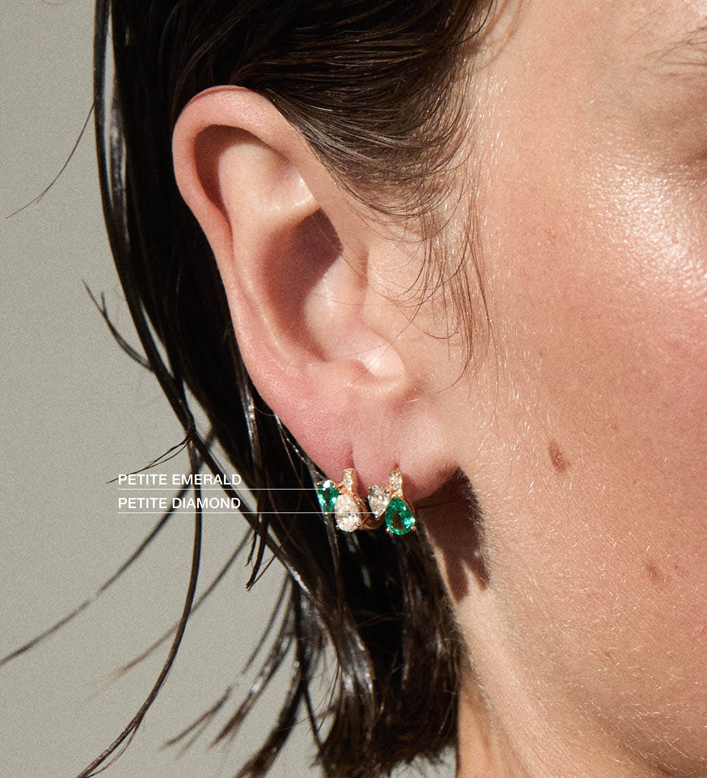 Dorsey - 14K DOUBLE PEAR - CUT HUGGIE EARRING IN LAB EMERALD AND PETITE LAB DIAMOND, 14K YELLOW GOLD