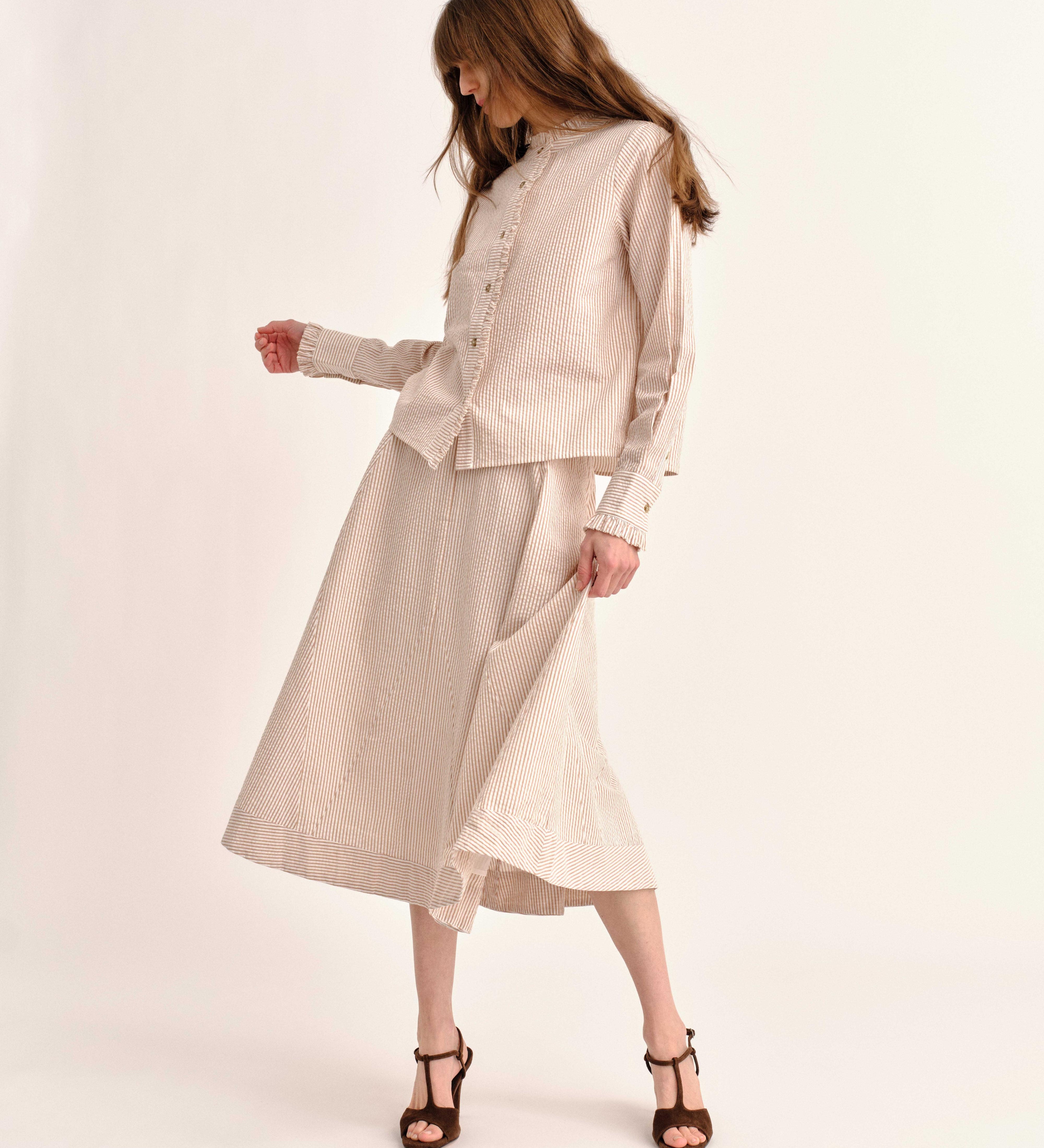 Cartolina - SP26 Liberty Midi Skirt - Camel Stripe