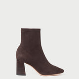 Elise Brown Suede Stretch Bootie in brown suede.