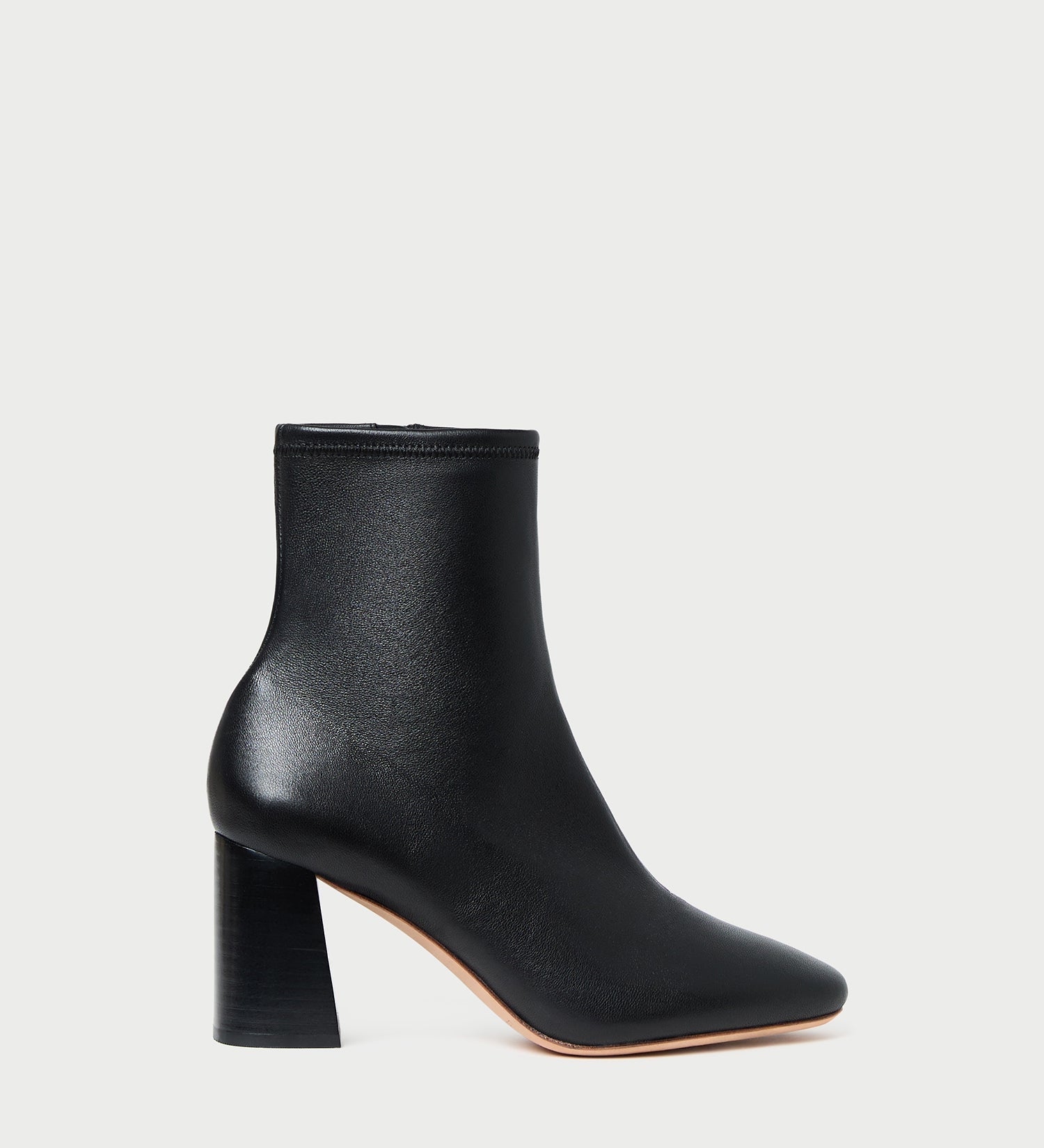 Elise Black Leather Stretch Ankle Bootie in black leather.