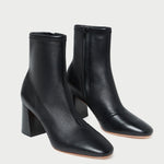 Elise Black Leather Stretch Ankle Bootie in black leather.