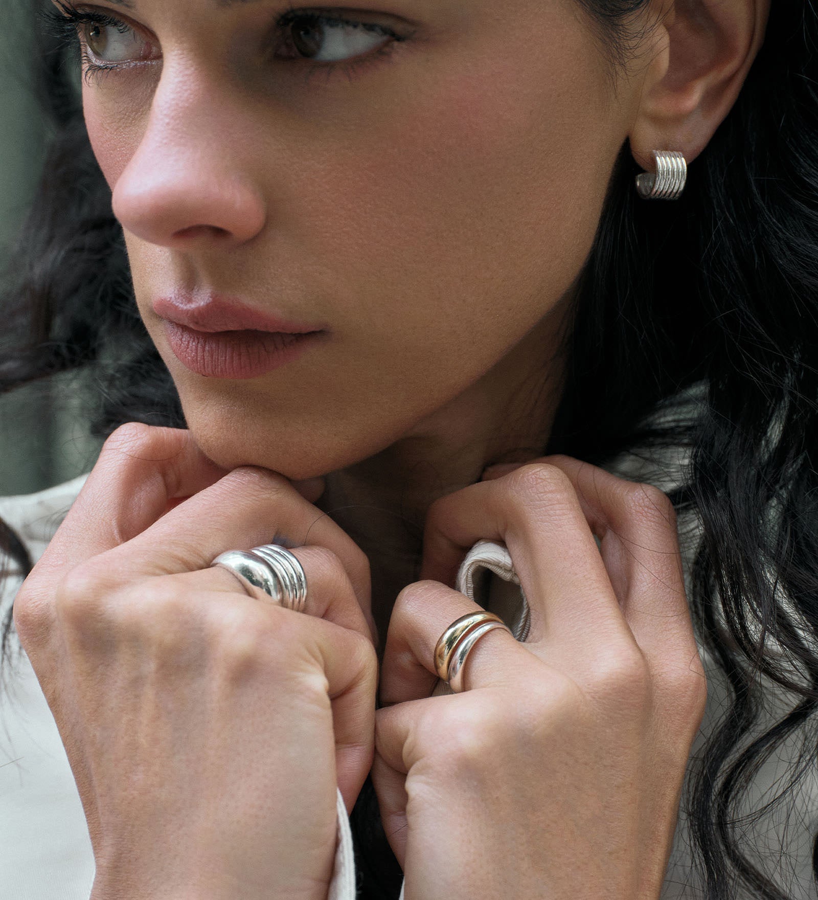 Kinn - Françoise Layered Ellipse Non - Hollow Ring Silver