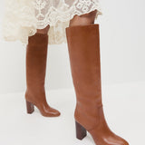 Goldy Safari Leather Tall Boot in safari brown leather and Jo Puff Sleeve Dress in cream cotton.