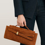 Veronica Beard Brown suede clutch with gold clasp.