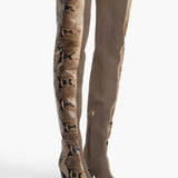 Khaite - Harvey Over - the - Knee High Boot in Morning Dove Suede and Taupe Python - Embossed Leather