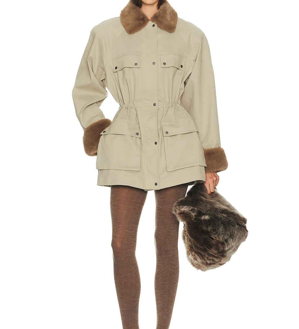 Helsa - The Balmoral Jacket With Faux Fur Trim in Khaki