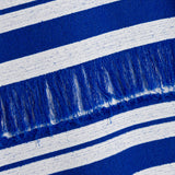 Blue and white horizontal striped knit fabric with fringe trim detail.