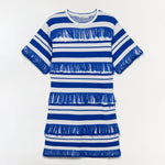 Blue and white striped knit mini dress with fringe trim on sleeves and horizontal stripes throughout.