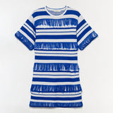 Blue and white striped knit mini dress with fringe trim on sleeves and horizontal stripes throughout.