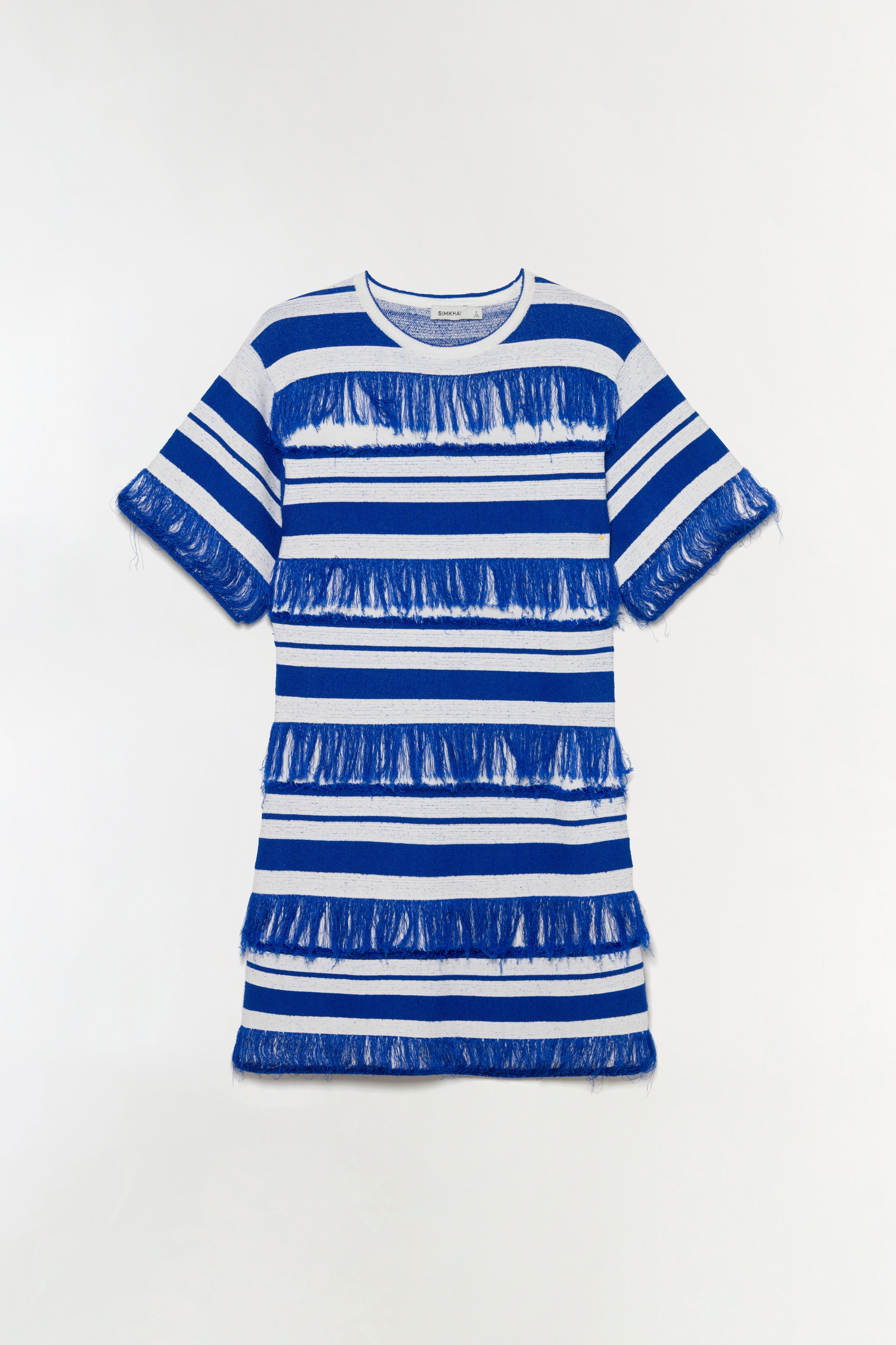 Blue and white striped knit mini dress with fringe trim on sleeves and horizontal stripes throughout.