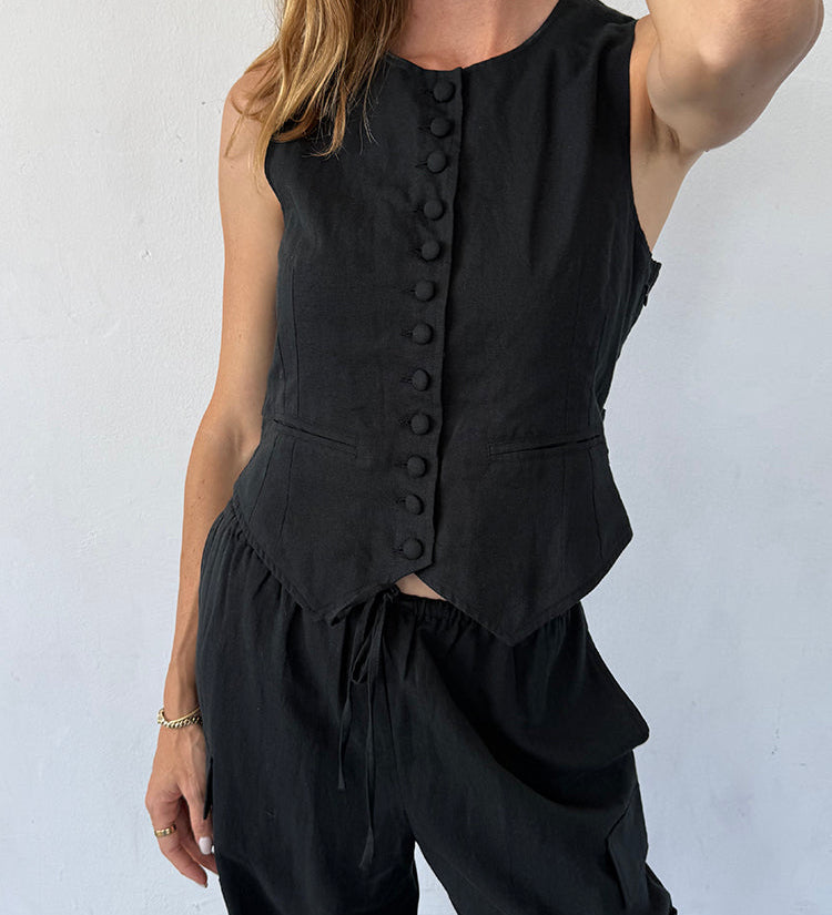 Ciao Lucia - Argento Black Linen Vest