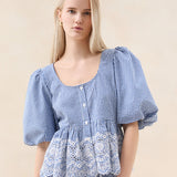 Loeffler Randall - Jodie Blue Gingham Embroidered Top