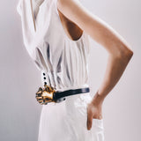 Khaite - Sculpted Hands Belt in Black Leather with Antique Gold