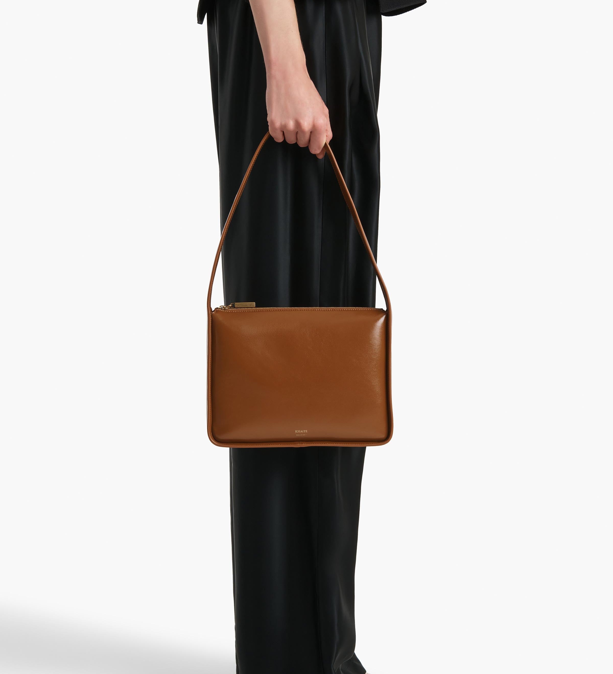 Khaite - Lori Squared Bag in Dark Honey Crackle Patent Leather