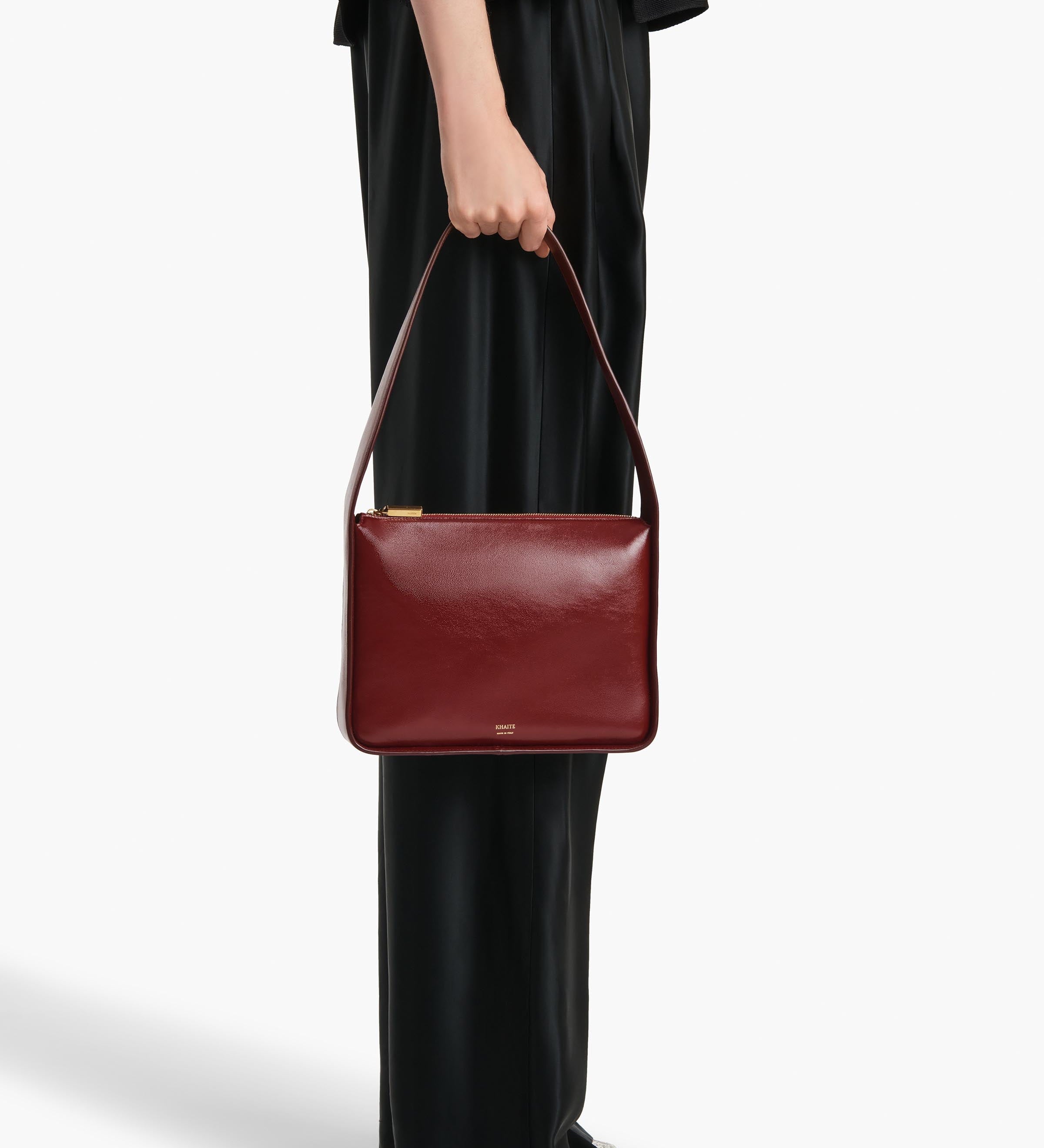 Khaite - Lori Squared Bag in Oxblood Crackle Patent Leather
