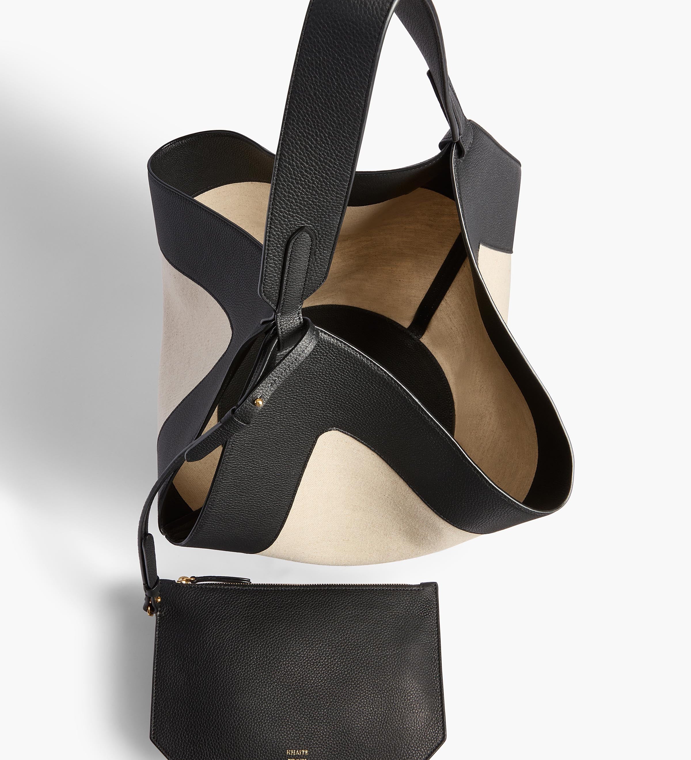 Khaite - Medium Lotus Tote in Black Leather and Natural Canvas
