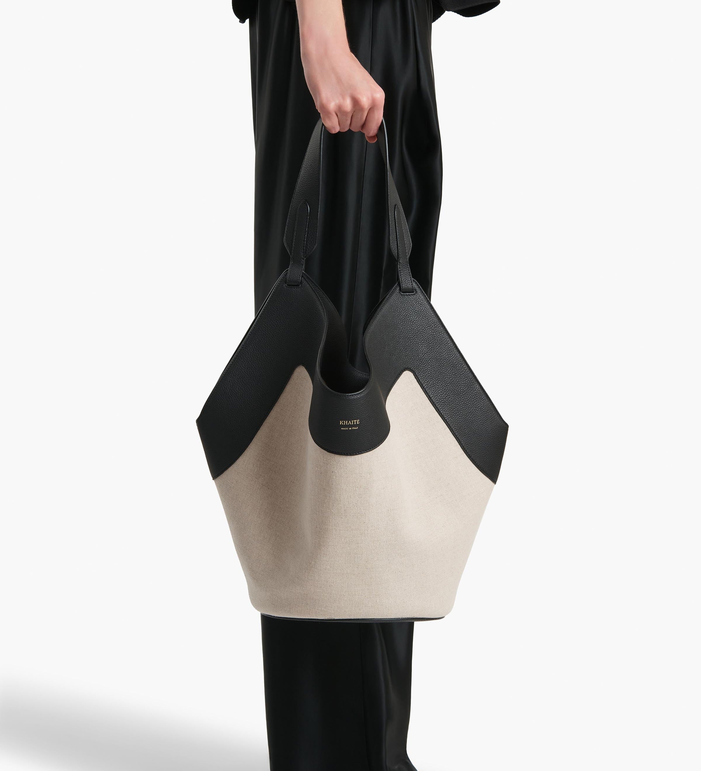 Khaite - Medium Lotus Tote in Black Leather and Natural Canvas
