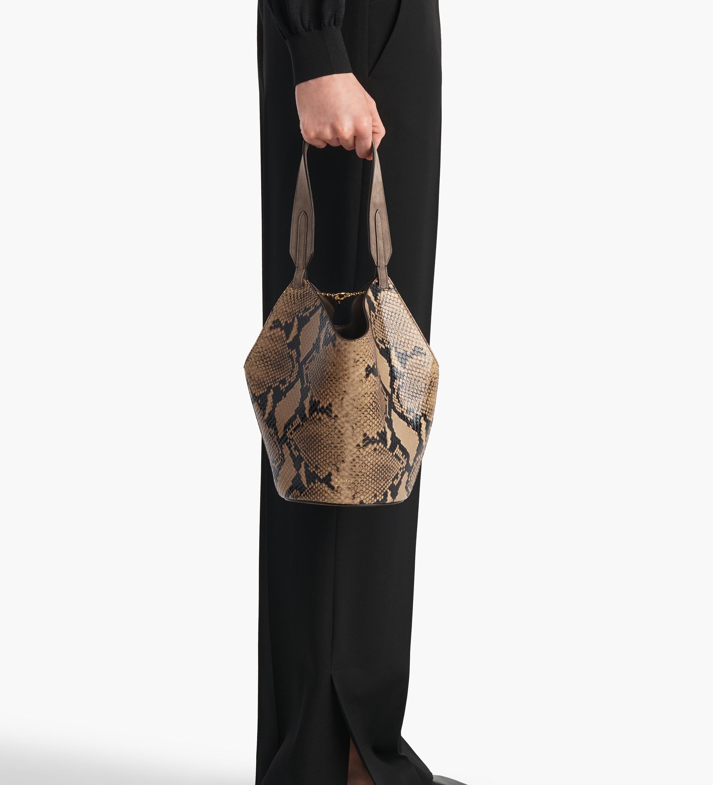 Khaite - Mini Lotus Tote in Python - Embossed Taupe and Morning Dove